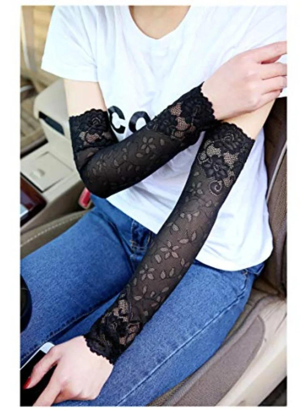 Lace Floral UV Protection Arm Sleeves 38cm Fingerless Over Elbow Stretchy
